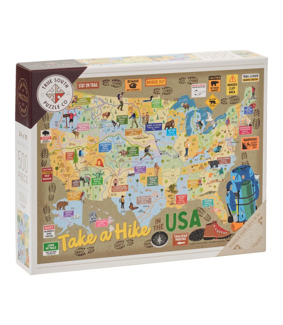 Puzzle box with a map of the USA and hiking-themed illustrations on a white background
Photo by LL Bean [image_link]