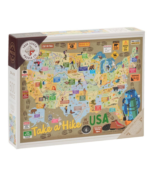 Puzzle box with a map of the USA and hiking-themed illustrations on a white background
Photo by LL Bean [image_link]