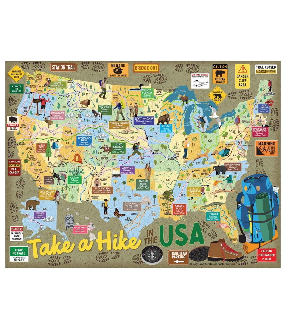 Map of the USA with hiking icons and text on a beige background
Photo by LL Bean [additional_image_link]