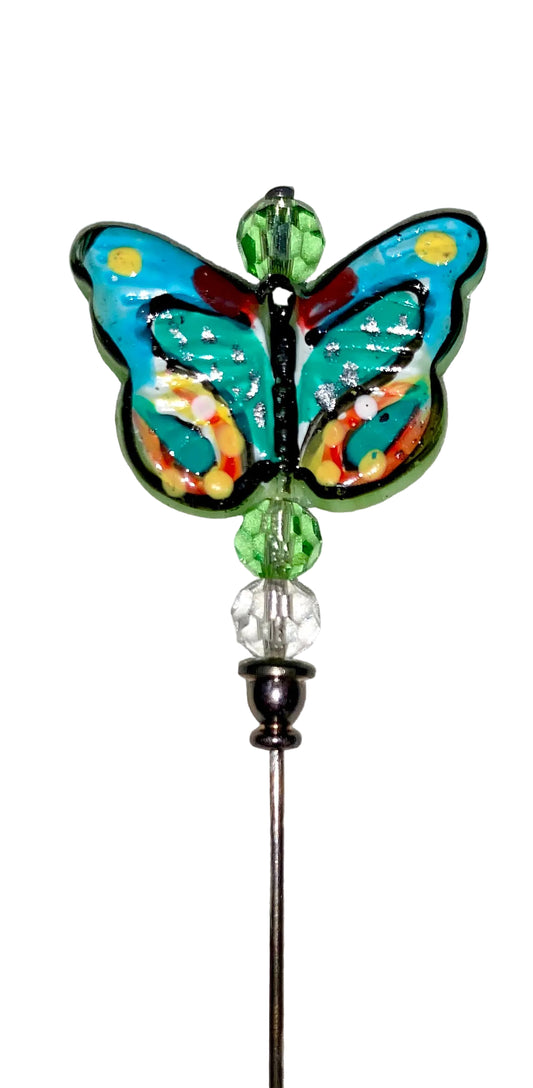 Decorative 5" stick pin with a teal multicolor glass butterfly lampwork, several complimentary glass beads, on a white background.
[image_link]