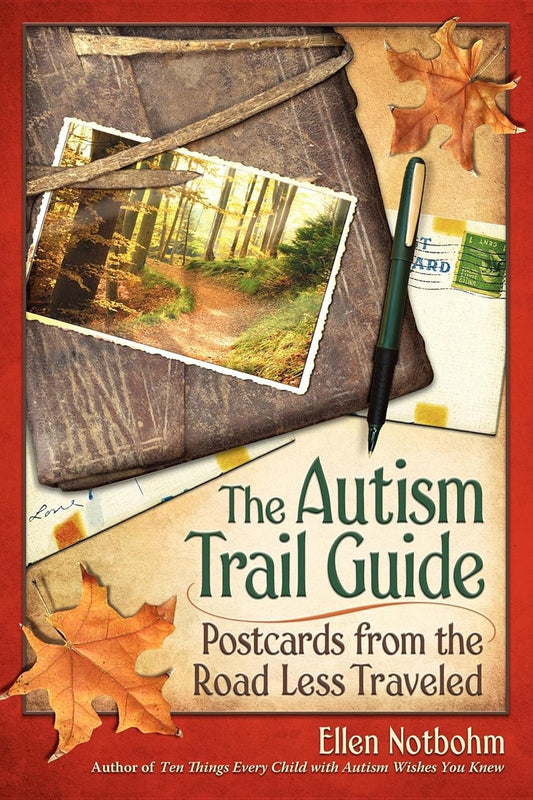 Book cover of 'The Autism Trail Guide' with a red border, pen, and autumn leaves.
[image_link]