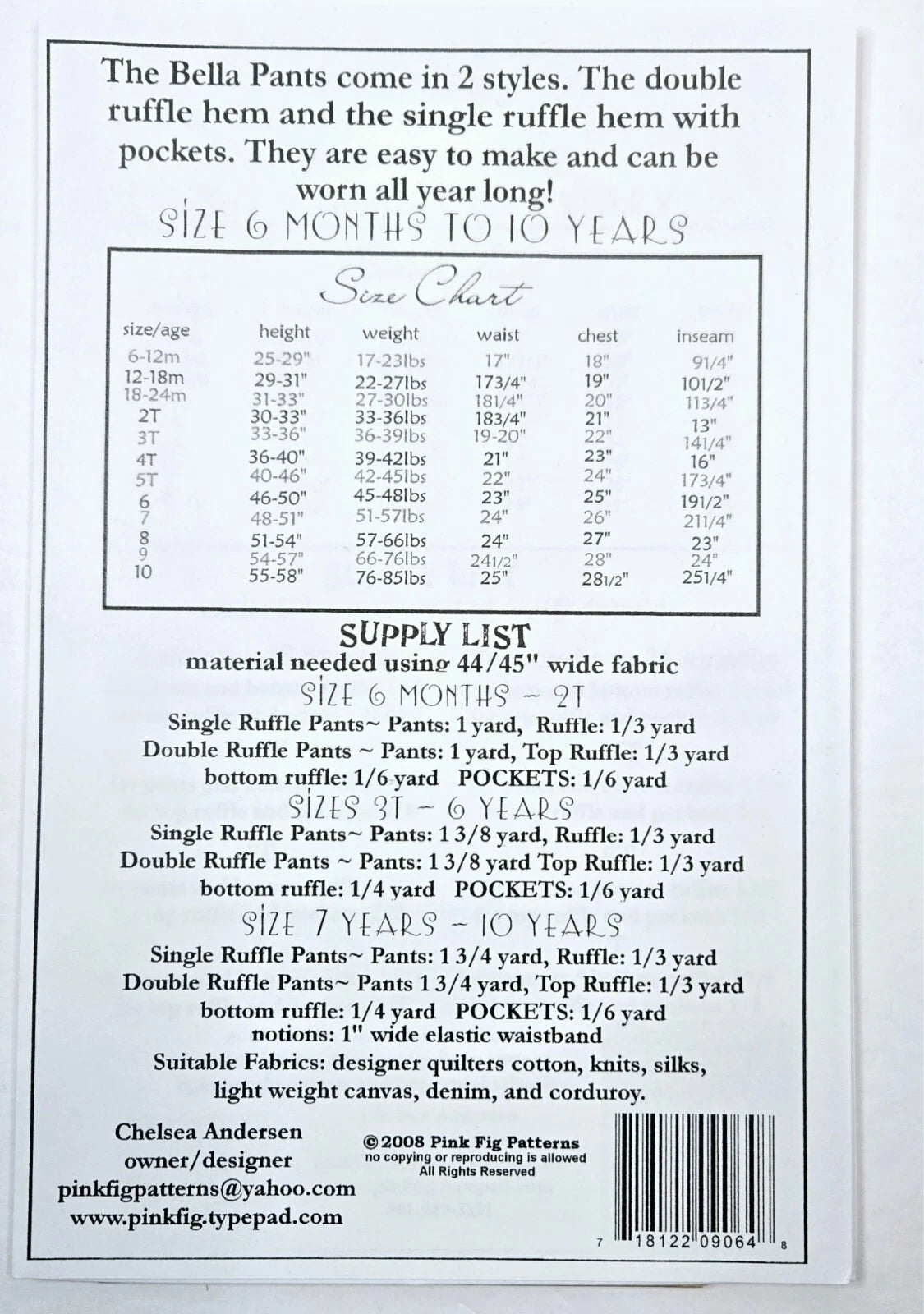 Back of a Bella Pants size chart and supply list card, featuring a size chart table, supply list details for size 6 months to 10 years, and a barcode with contact information for Pink Fig Patterns.
Photo by Pink Fig Patterns [additional_image_link]