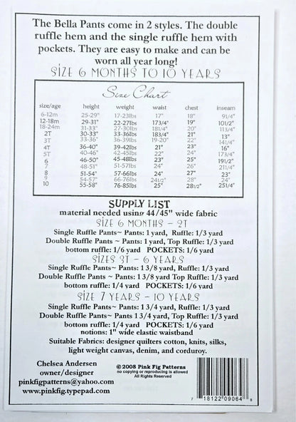 Back of a Bella Pants size chart and supply list card, featuring a size chart table, supply list details for size 6 months to 10 years, and a barcode with contact information for Pink Fig Patterns.
Photo by Pink Fig Patterns [additional_image_link]