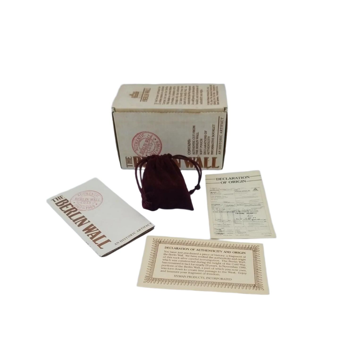 Collection of 'The Berlin Wall' items including a box, card, and papers on a light gray background
[additional_image_link]