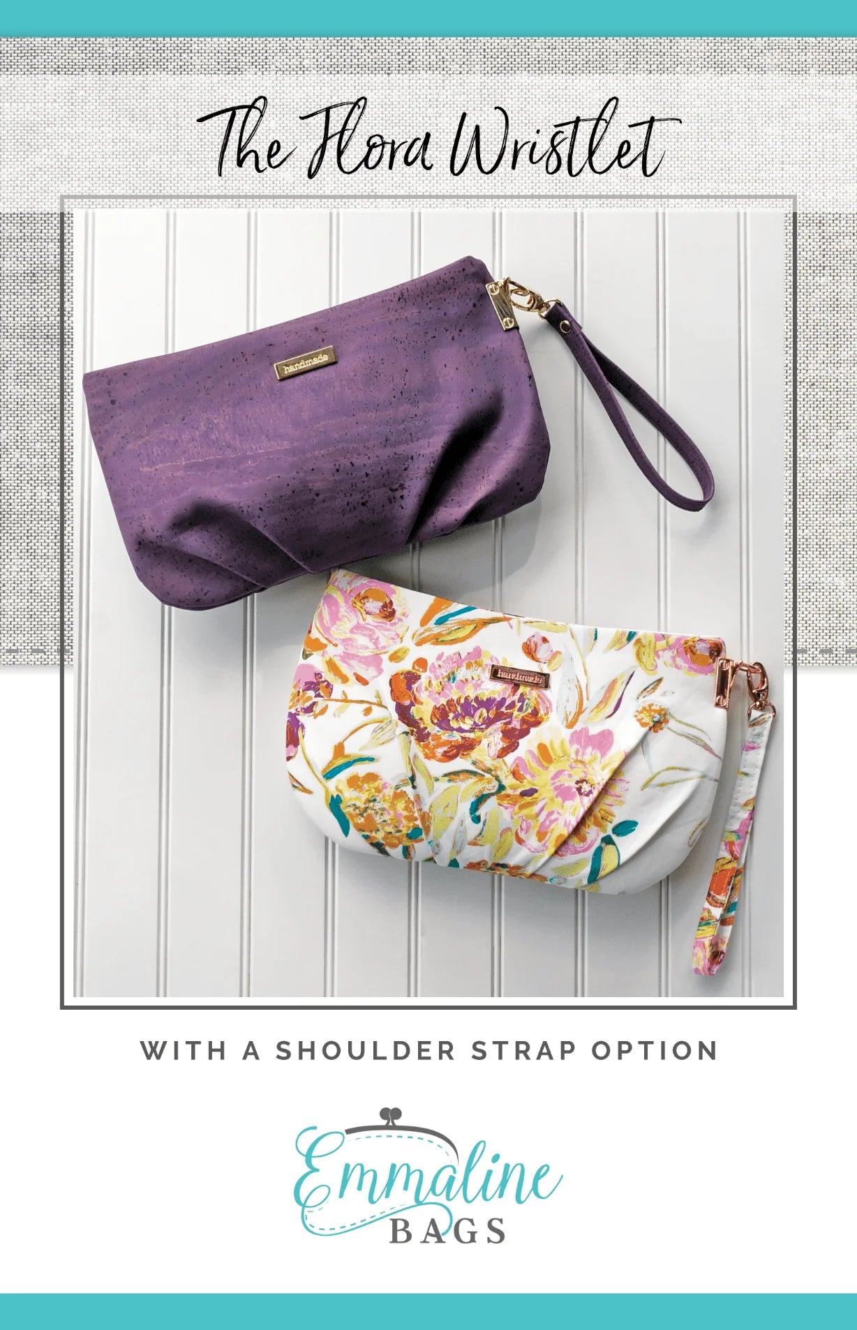 Purple wristlet and floral bag with shoulder strap on a white background, featuring Emmaline Bags branding.
Photo by Emmaline Bags [image_link]
