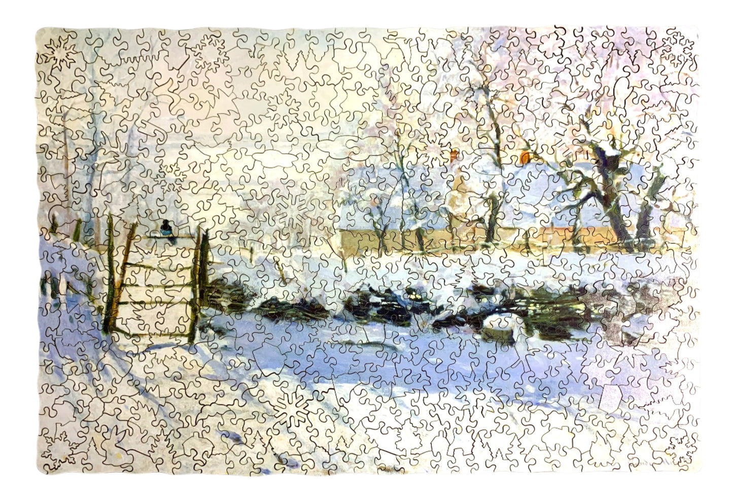 A jigsaw puzzle depicting a winter scene with a path, fence, and trees, predominantly in shades of white and blue by Claude Monet.
Photo by Karen King [additional_image_link]