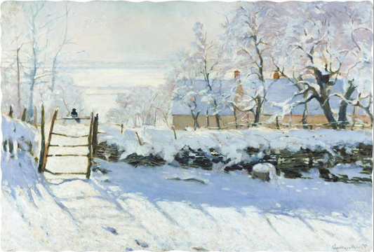 A jigsaw puzzle depicting a winter scene with a path, fence, and trees, predominantly in shades of white and blue by Claude Monet.
Photo by Nautilus Puzzles [image_link]