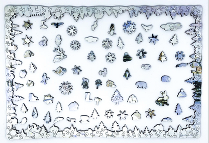 A jigsaw puzzle depicting a winter scene with a path, fence, and trees, predominantly in shades of white and blue by Claude Monet.
Photo by Nautilus Puzzles [additional_image_link]
