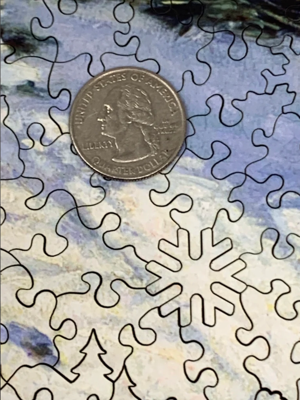 A jigsaw puzzle depicting a winter scene with a path, fence, and trees, predominantly in shades of white and blue by Claude Monet.
Photo by Nautilus Puzzles [additional_image_link]