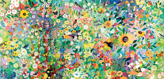 A colorful, highly detailed floral and botanical artwork filling the frame, featuring dense flowers, leaves, butterflies, and trees in many bright hues.
Photo by Nautilus Puzzles [image_link]