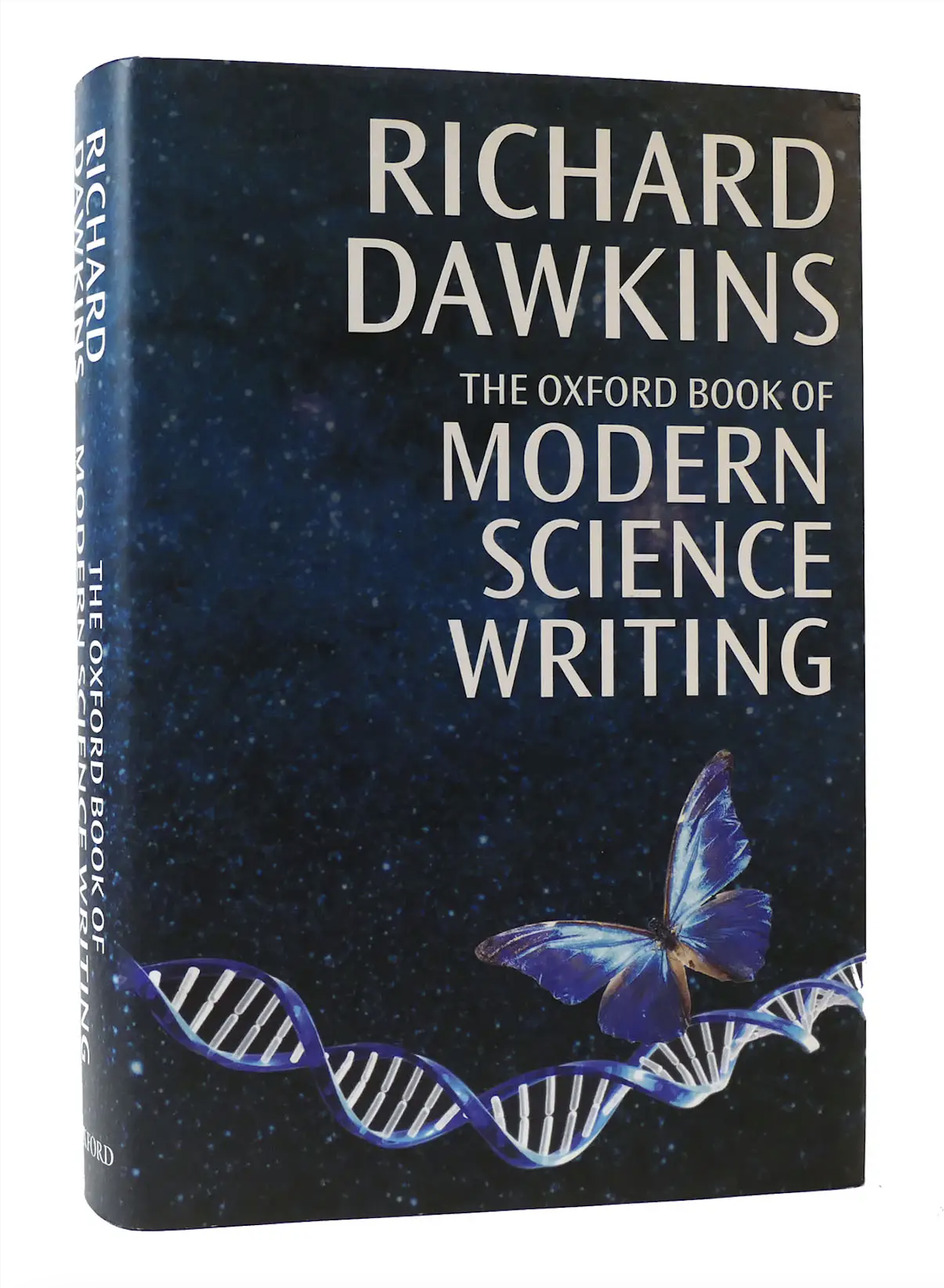 Book titled 'The Oxford Book of Modern Science Writing' by Richard Dawkins with a butterfly and DNA strand on a dark background.
[image_link]