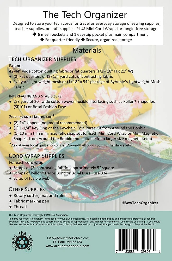 Back cover of The Tech Organizer sewing supply kit by Around the Bobbin, featuring a teal organizer pouch with pink and blue floral details, a sewing machine illustration, and a list of included materials and supplies.
Photo by Around the Bobbin [additional_image_link]
