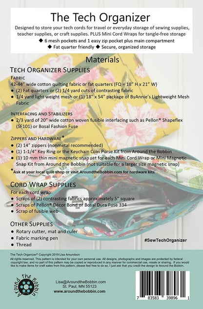 Back cover of The Tech Organizer sewing supply kit by Around the Bobbin, featuring a teal organizer pouch with pink and blue floral details, a sewing machine illustration, and a list of included materials and supplies.
Photo by Around the Bobbin [additional_image_link]