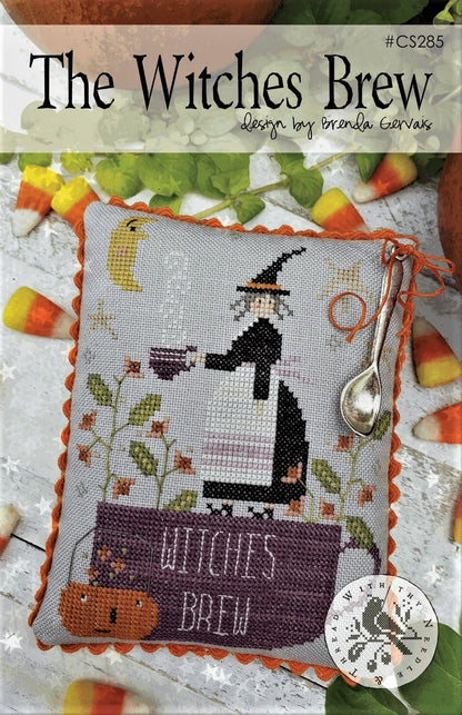 Cross-stitch pattern for a witch-themed pillow with candy corn and a spoon on a textured surface.
Photo by With Thy Needle & Thread [image_link]