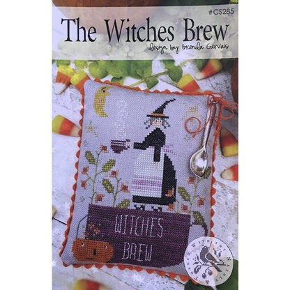 Cross-stitched design of a witch with 'Witches Brew' text on a patterned background
[additional_image_link]