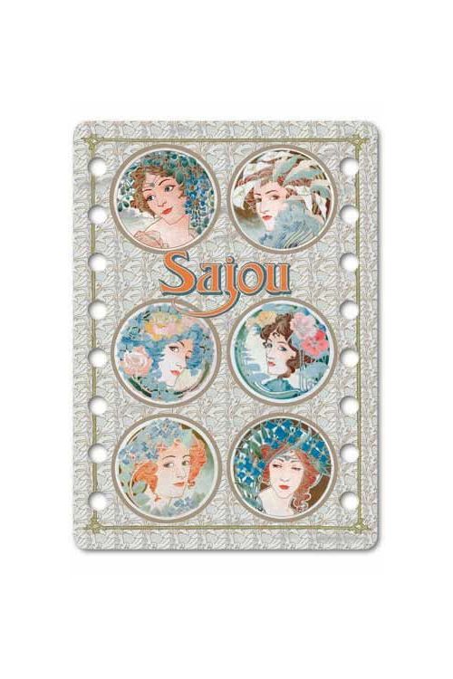 A decorative thread organizer card featuring six circular vintage-style portraits with floral details and the word 'Sajou' in the center, shown on a plain white background.
Photo by Sajou.fr [image_link]