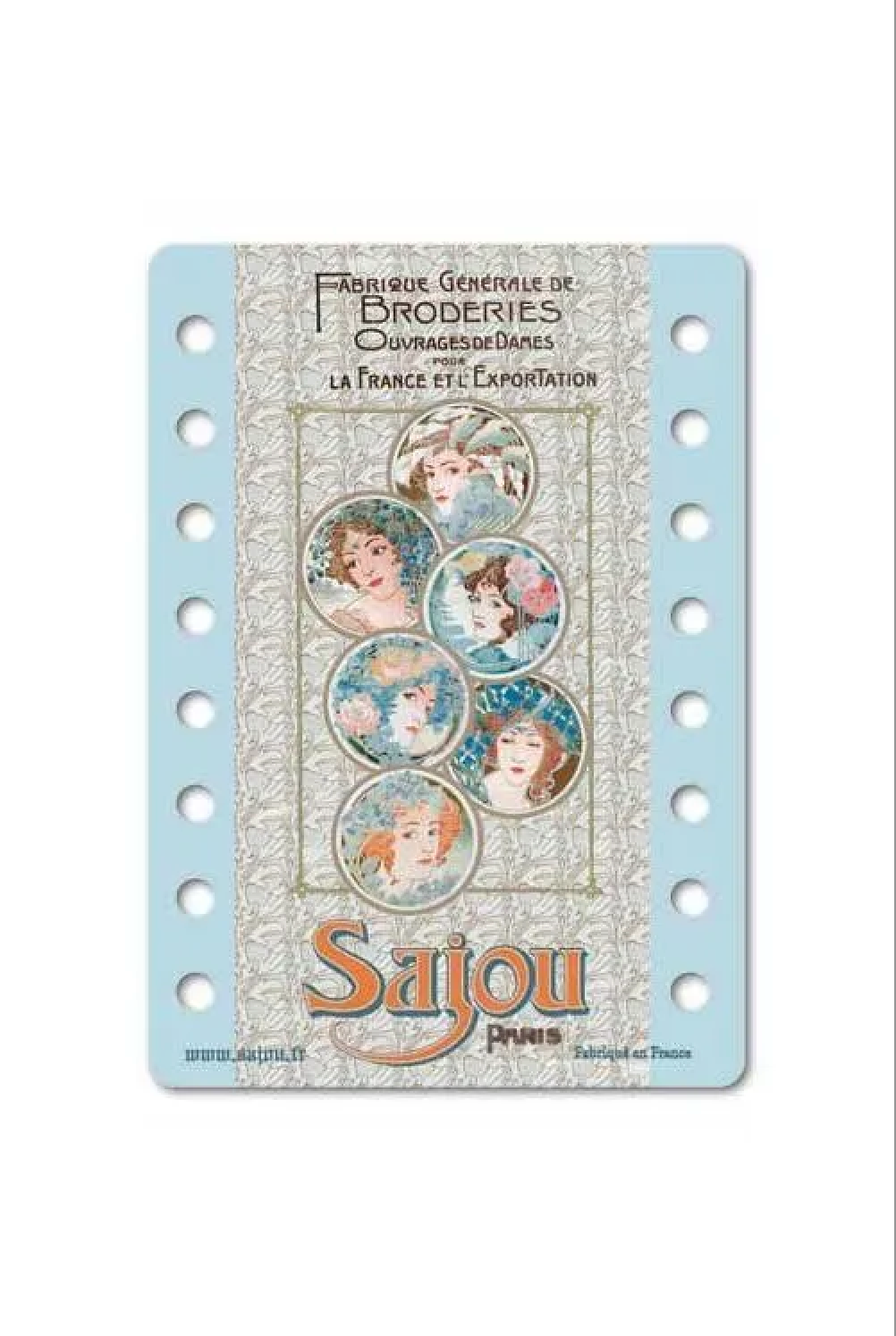A vintage-style thread organizer card from the French broderie society 'Sajou' from 1910. The card features a light blue border with punched holes, a central cream-colored ornate frame, and six circular vintage illustrations of women in floral dresses.
Photo by Sajou.fr [additional_image_link]