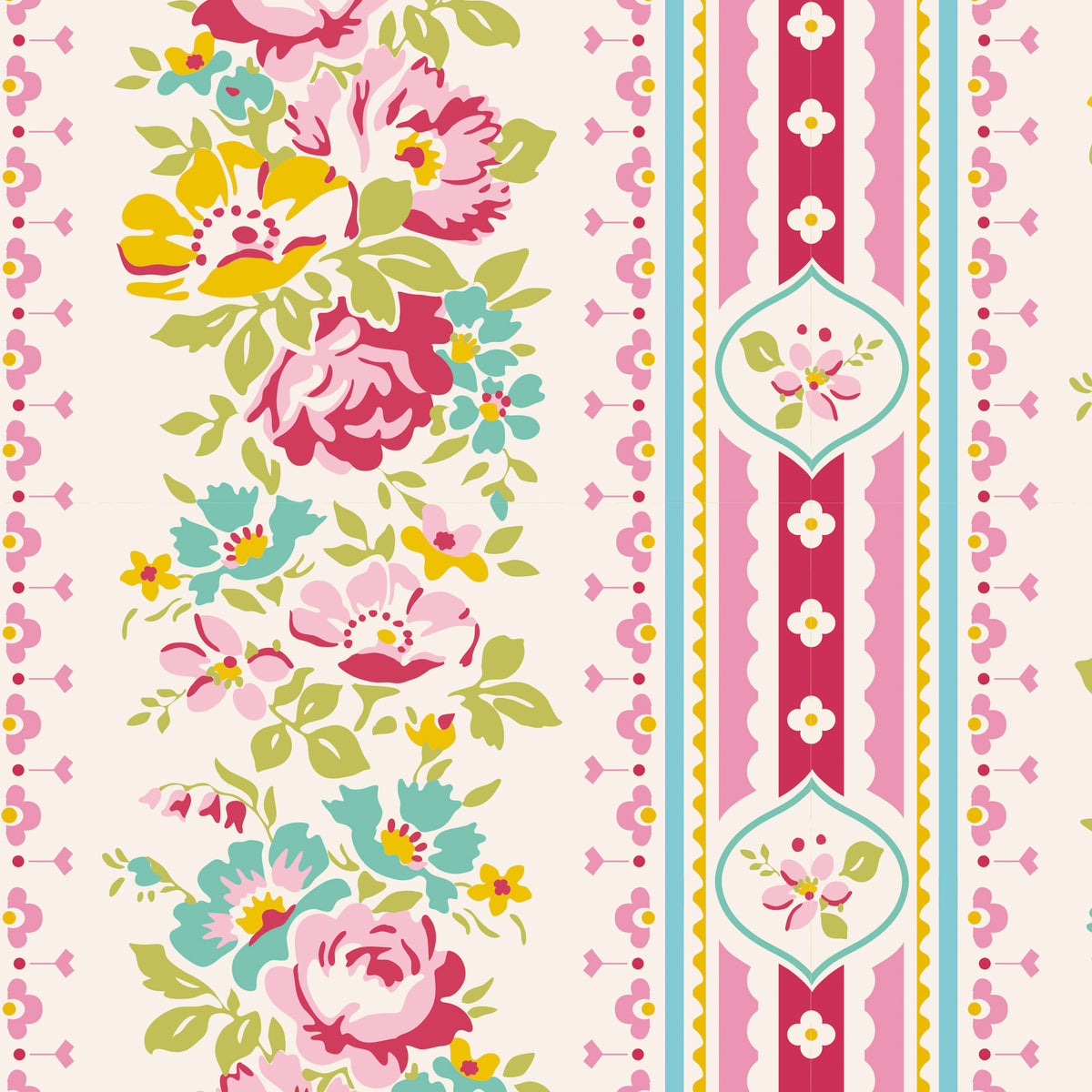 A repeating floral pattern featuring pink and red flowers, yellow and teal blossoms, green leaves, and vertical decorative stripes on a light cream background.
Photo by Tildafabrics.com [image_link]