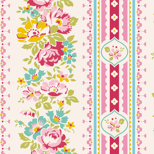 A repeating floral pattern featuring pink and red flowers, yellow and teal blossoms, green leaves, and vertical decorative stripes on a light cream background.
Photo by Tildafabrics.com [image_link]