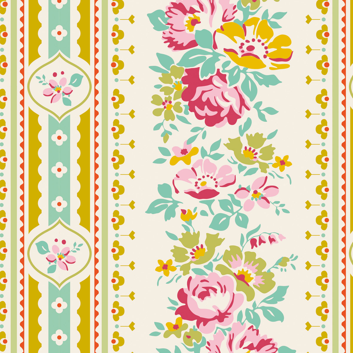 A repeating vintage floral pattern with pink and yellow flowers, green leaves, and vertical striped borders in mint green, mustard yellow, coral, and cream.
Photo by Tildafabrics.com [image_link]