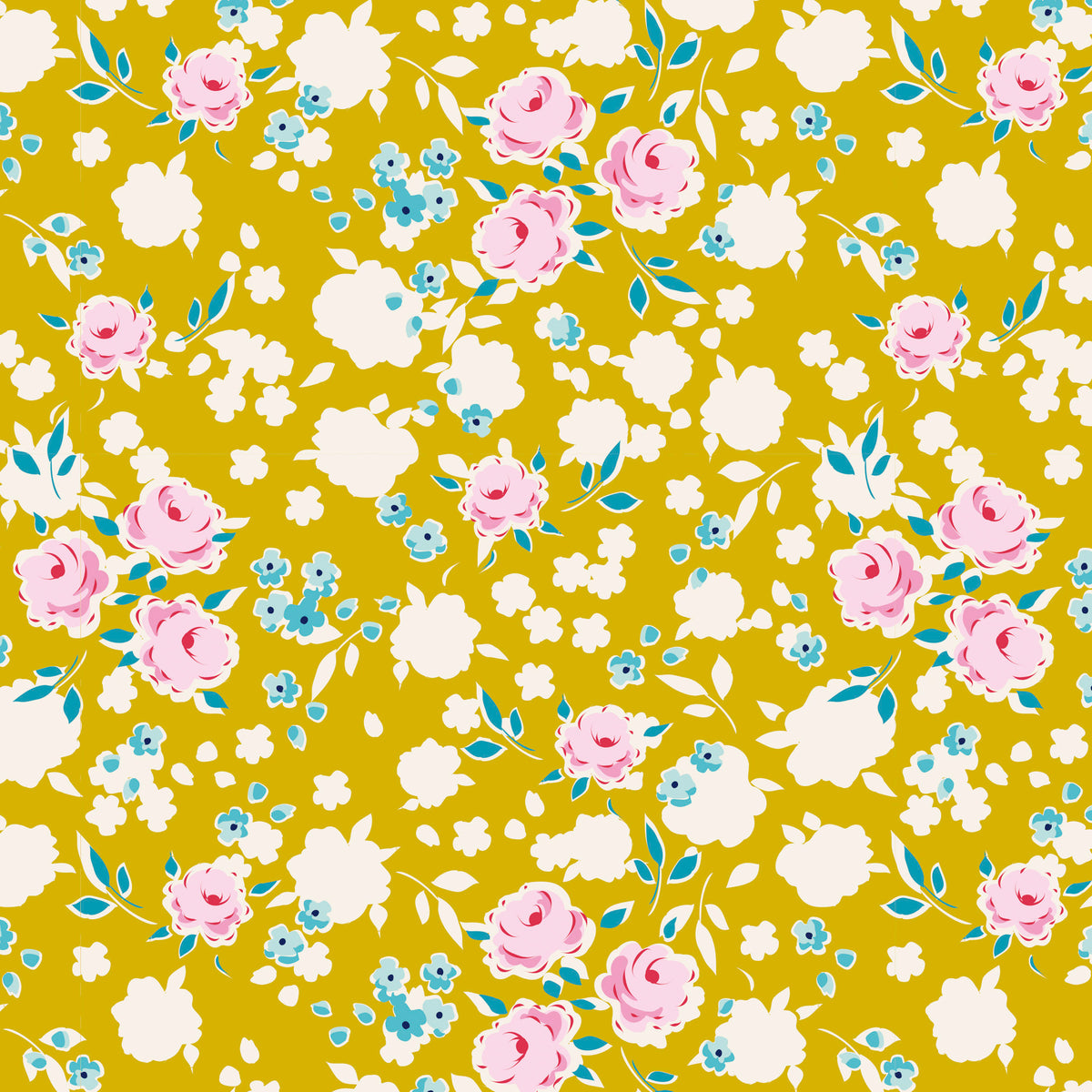 A repeating floral pattern on a mustard yellow background, featuring pink roses, white blossoms, and small blue flowers with teal leaves.
Photo by Tildafabrics.com [image_link]