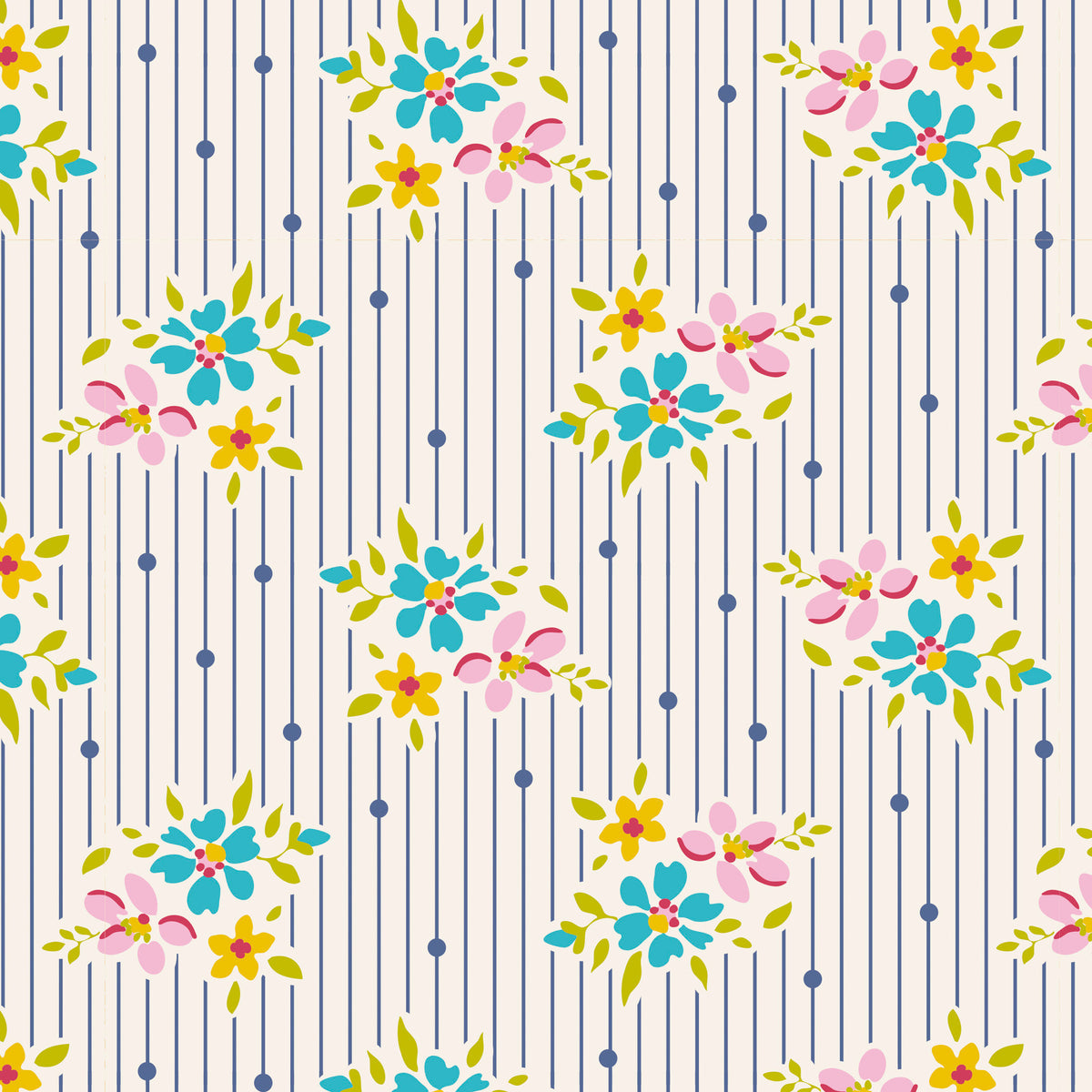 A repeating floral pattern with pink, blue, yellow, and green flowers on a white background with thin vertical gray stripes and small gray dots.
Photo by Tildafabrics.com [image_link]