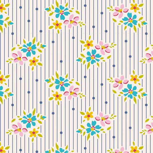 A repeating floral pattern with pink, blue, yellow, and green flowers on a white background with thin vertical gray stripes and small gray dots.
Photo by Tildafabrics.com [image_link]