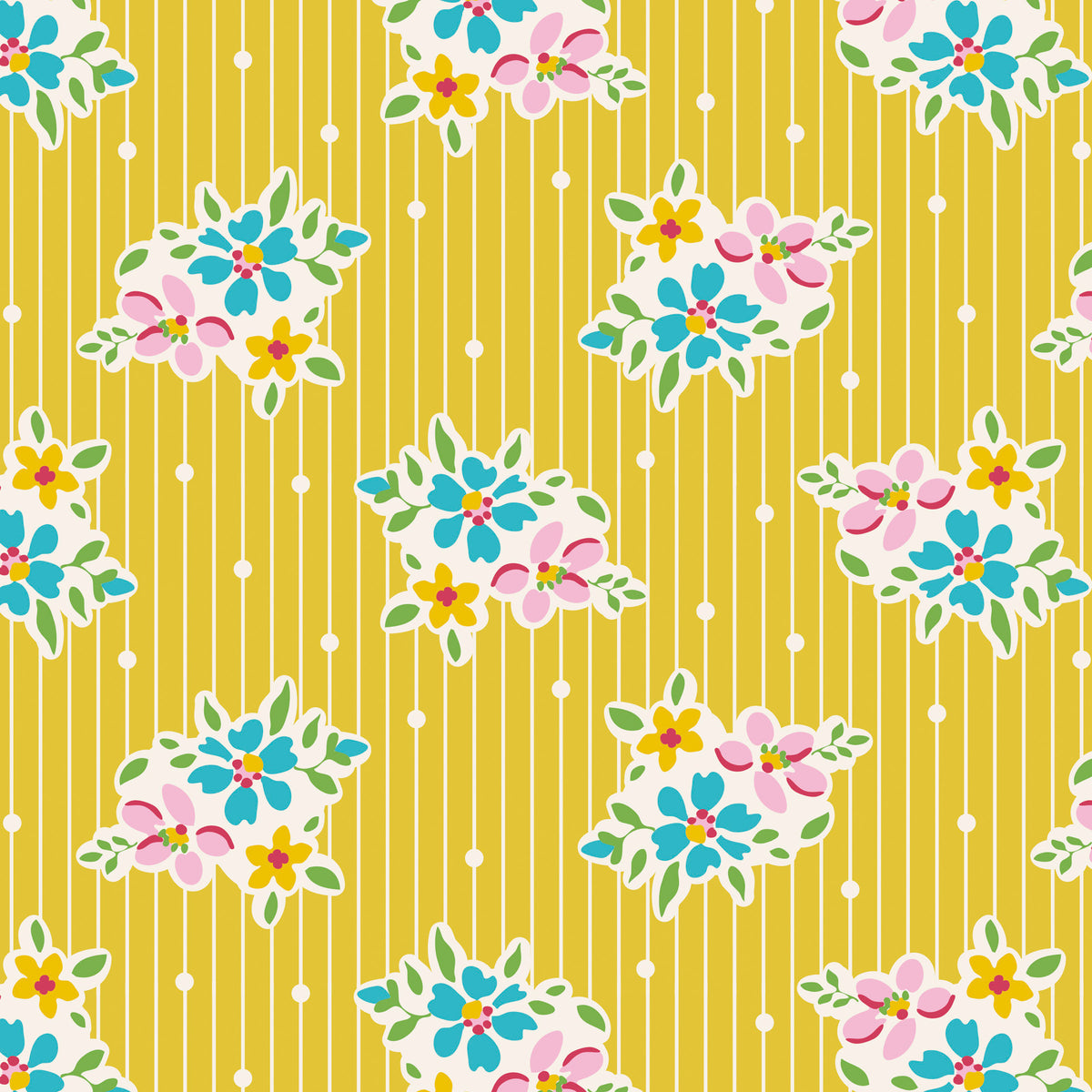 A repeating floral pattern on a mustard yellow background with thin vertical white stripes, white dots, and clusters of pink, blue, yellow, and green flowers outlined in white.
Photo by Tildafabrics.com [image_link]