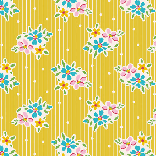 A repeating floral pattern on a mustard yellow background with thin vertical white stripes, white dots, and clusters of pink, blue, yellow, and green flowers outlined in white.
Photo by Tildafabrics.com [image_link]