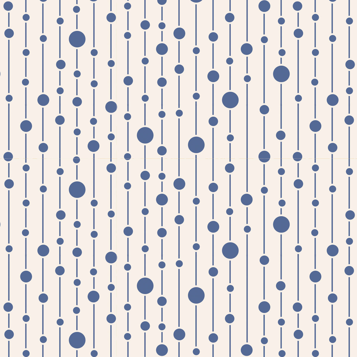 A repeating geometric pattern of vertical blue lines with scattered blue dots on a warm off-white background.
Photo by Tildafabrics.com [image_link]