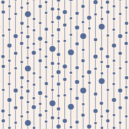 A repeating geometric pattern of vertical blue lines with scattered blue dots on a warm off-white background.
Photo by Tildafabrics.com [image_link]