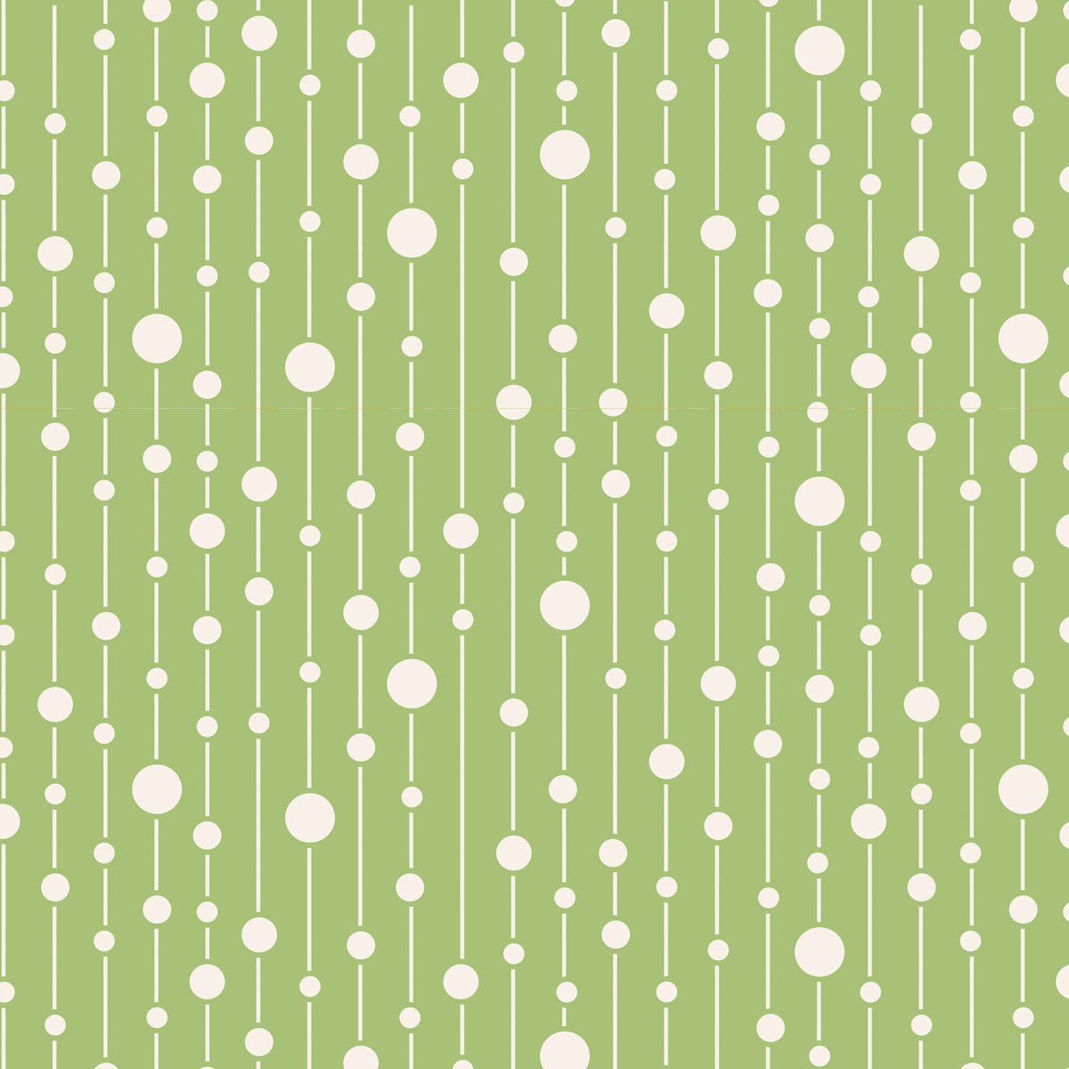 A repeating pattern of vertical white lines with scattered white dots in varying sizes on a light green background.
Photo by Tildafabrics.com [image_link]