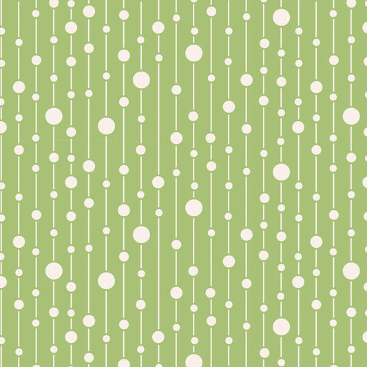A repeating pattern of vertical white lines with scattered white dots in varying sizes on a light green background.
Photo by Tildafabrics.com [image_link]