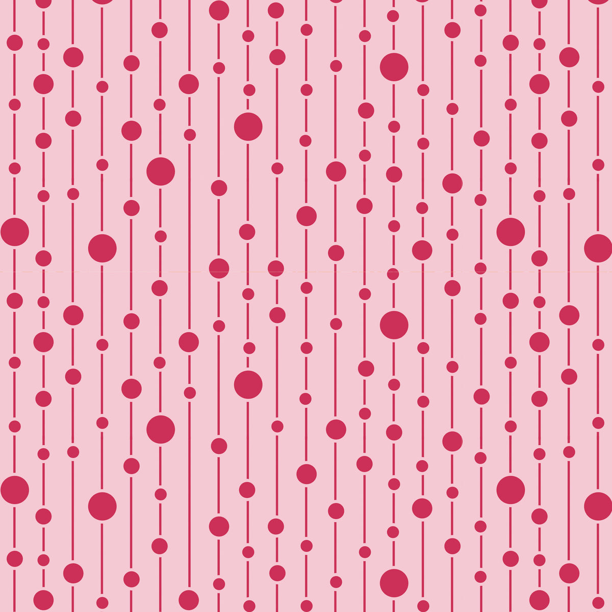 A repeating pattern of vertical pink lines with scattered red dots of varying sizes on a light pink background.
Photo by Tildafabrics.com [image_link]