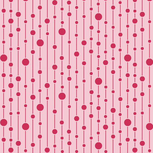 A repeating pattern of vertical pink lines with scattered red dots of varying sizes on a light pink background.
Photo by Tildafabrics.com [image_link]