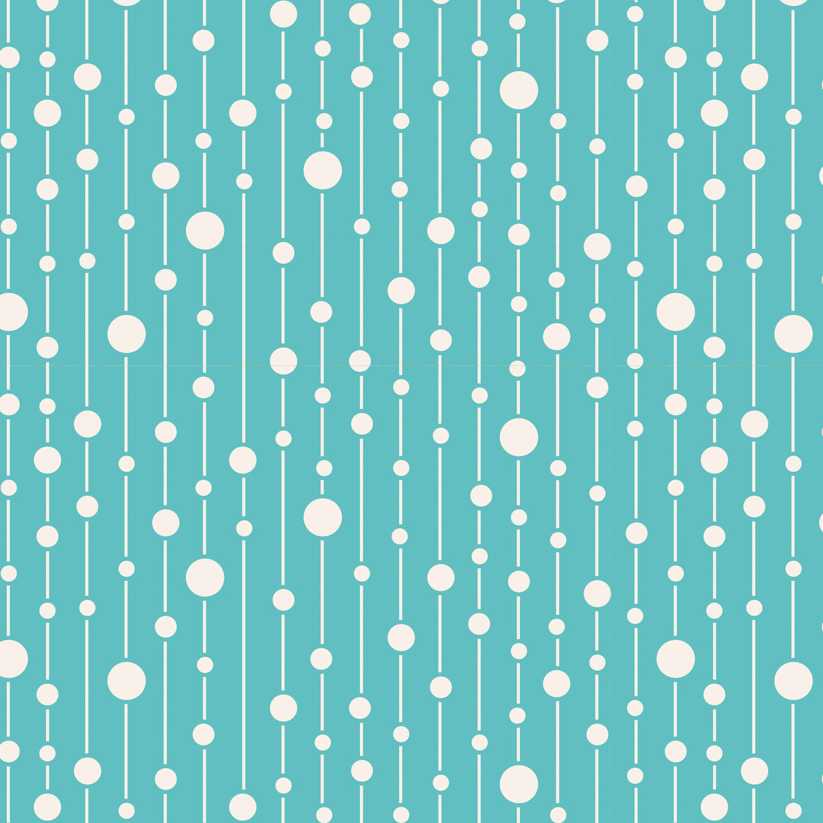 A repeating geometric pattern featuring vertical white lines with alternating white dots of varying sizes on a solid teal background.
Photo by Tildafabrics.com [image_link]