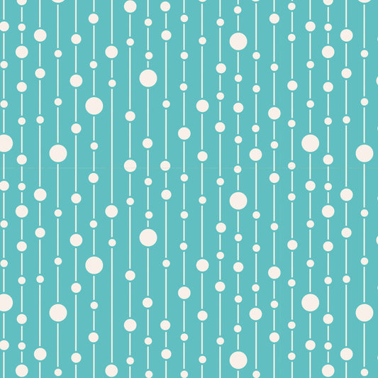 A repeating geometric pattern featuring vertical white lines with alternating white dots of varying sizes on a solid teal background.
Photo by Tildafabrics.com [image_link]