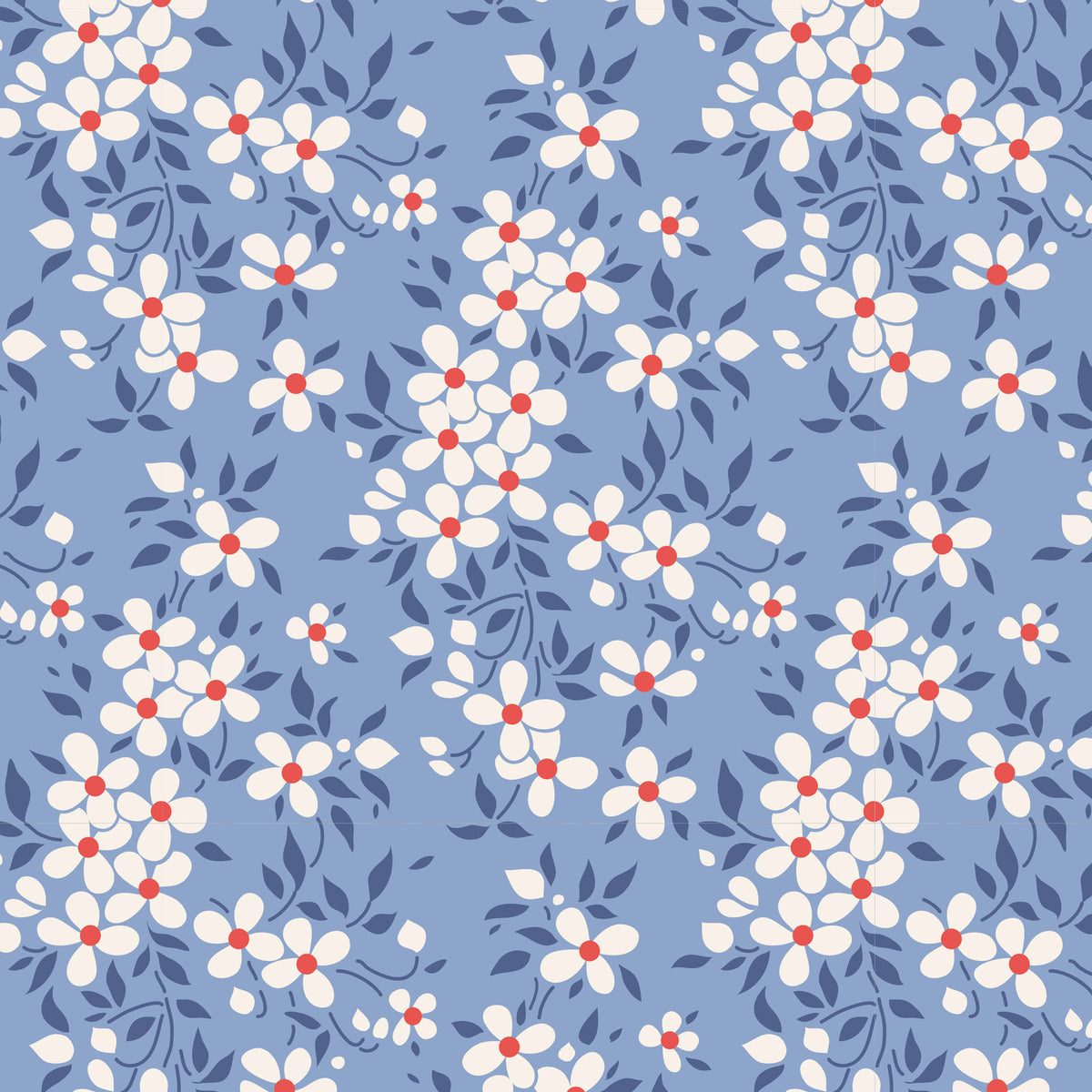 A repeating floral pattern featuring small white flowers with red centers and dark blue leaves on a dusty blue background.
Photo by Tildafabrics.com [image_link]