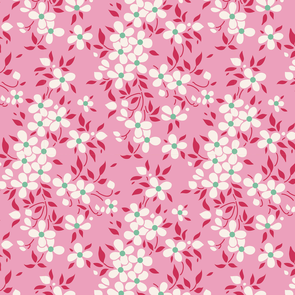 A repeating floral pattern on a pink background, featuring white blossoms with small mint-green centers and dark pink leaves.
Photo by Tildafabrics.com [image_link]