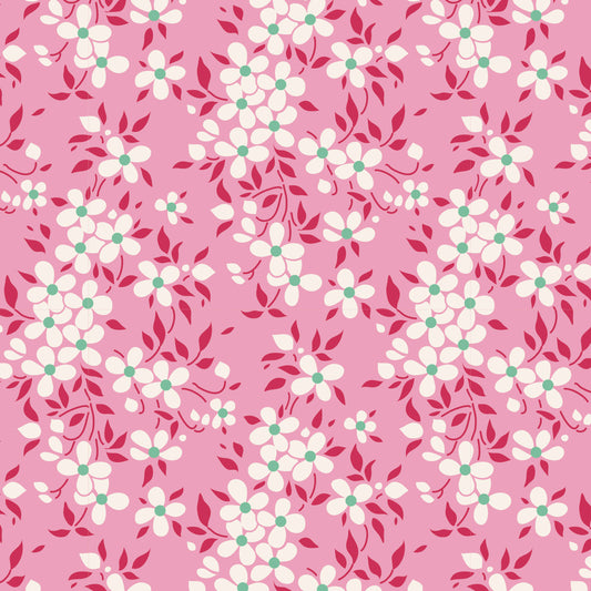 A repeating floral pattern on a pink background, featuring white blossoms with small mint-green centers and dark pink leaves.
Photo by Tildafabrics.com [image_link]