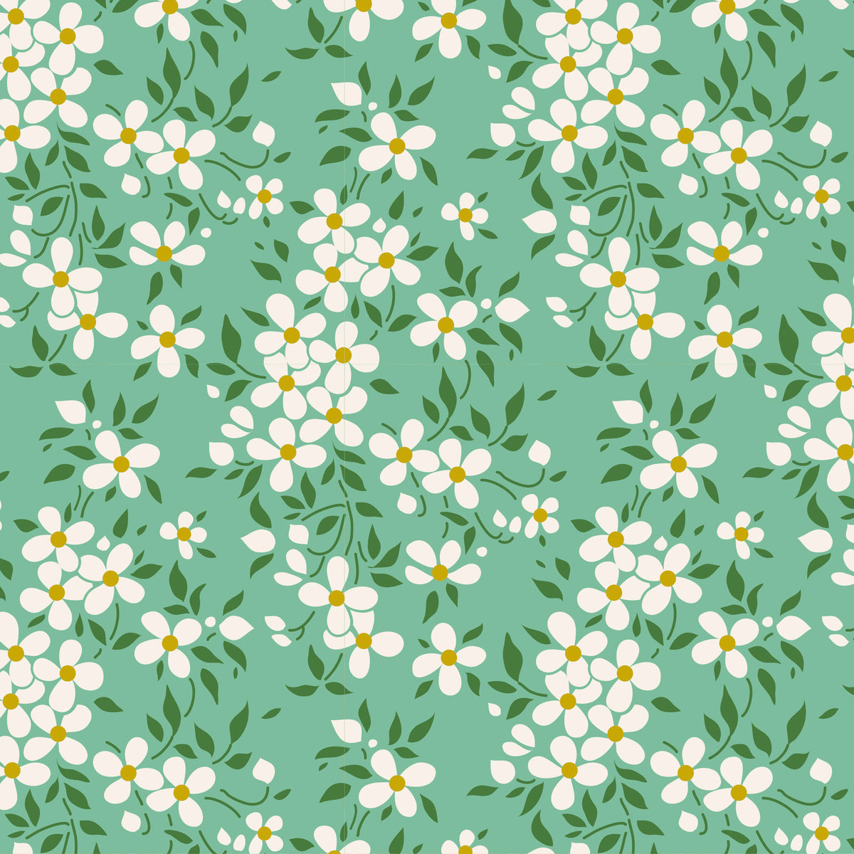 Pattern of white flowers with green leaves on a teal background.
Photo by Tildafabrics.com [image_link]