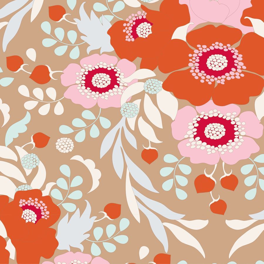 A repeating floral pattern with large orange flowers, pink blossoms, pale blue leaves, and white dotted centers on a warm beige background.
Photo by Tildafabrics.com [image_link]