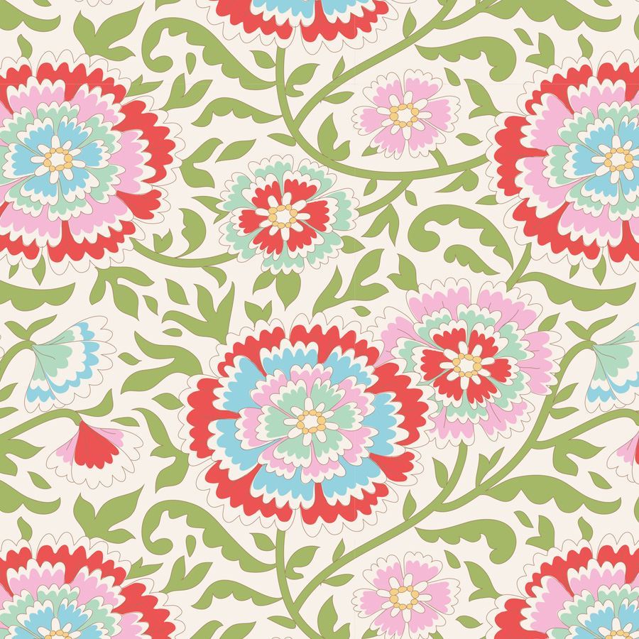A repeating floral pattern with layered chrysanthemum-like flowers in red, pink, light blue, and mint green on a cream background, with green vines and leaves.
Photo by Tildafabrics.com [image_link]
