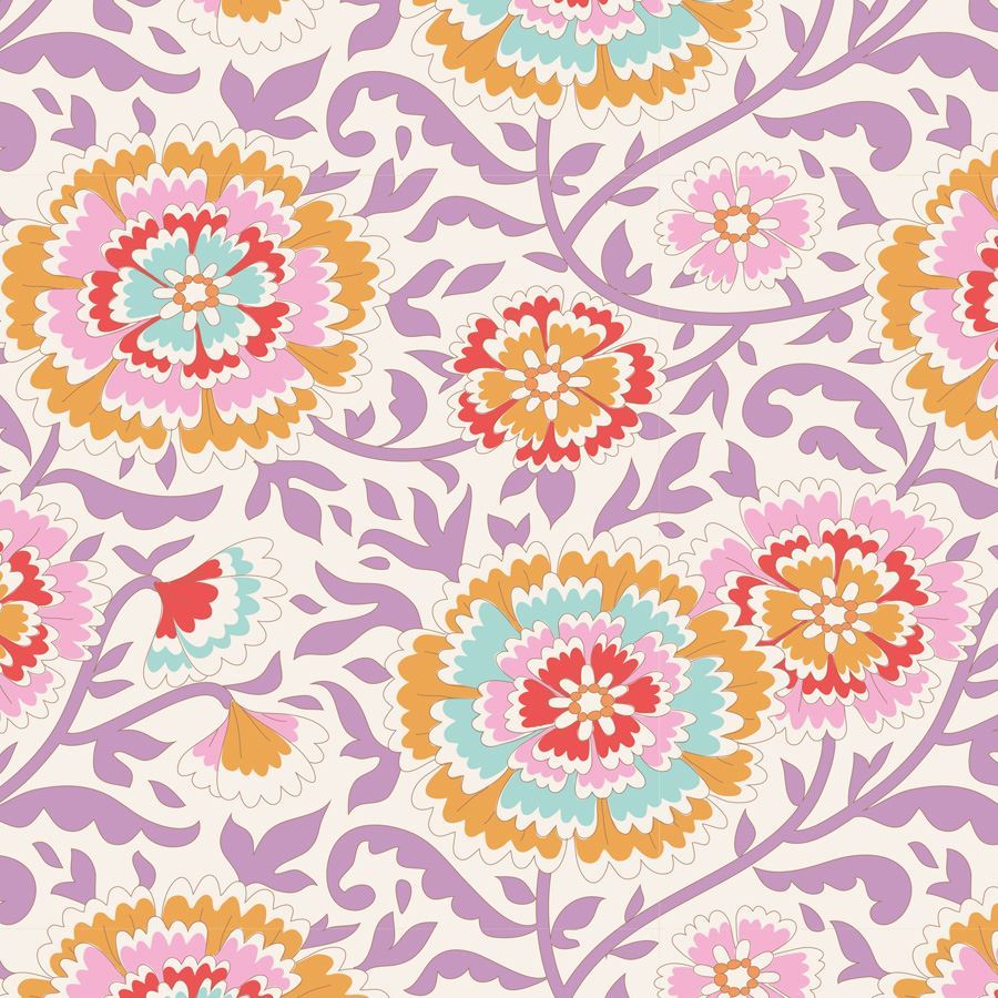 A repeating floral pattern with layered multicolored flowers in pink, orange, red, and light blue on a cream background, overlaid with lavender scrolling vines.
Photo by Tildafabrics.com [image_link]