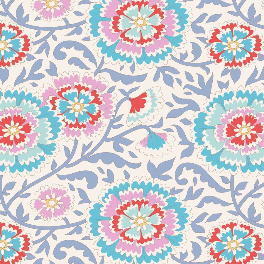 A repeating floral pattern with layered peony-like flowers in red, pink, light blue, and white, set on a warm off-white background with pale blue scrolling vines.
Photo by Tildafabrics.com [image_link]