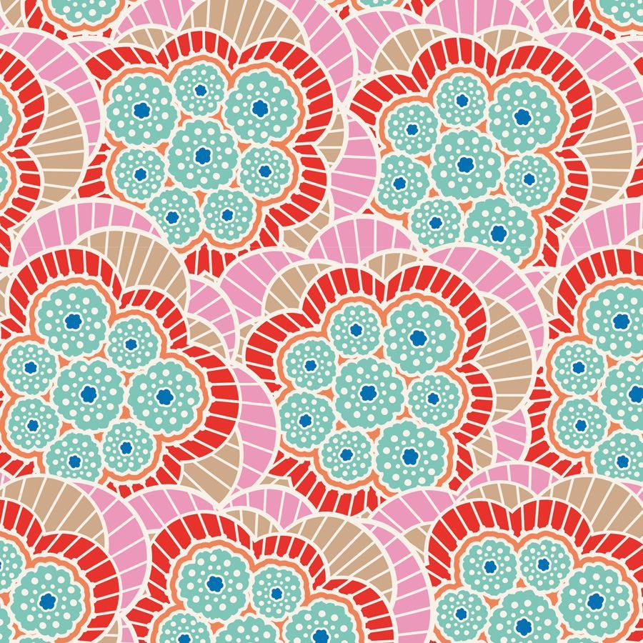 A repeating seamless pattern featuring stylized floral and geometric motifs in coral red, light pink, beige, mint green, and blue on a white background.
Photo by Tildafabrics.com [image_link]