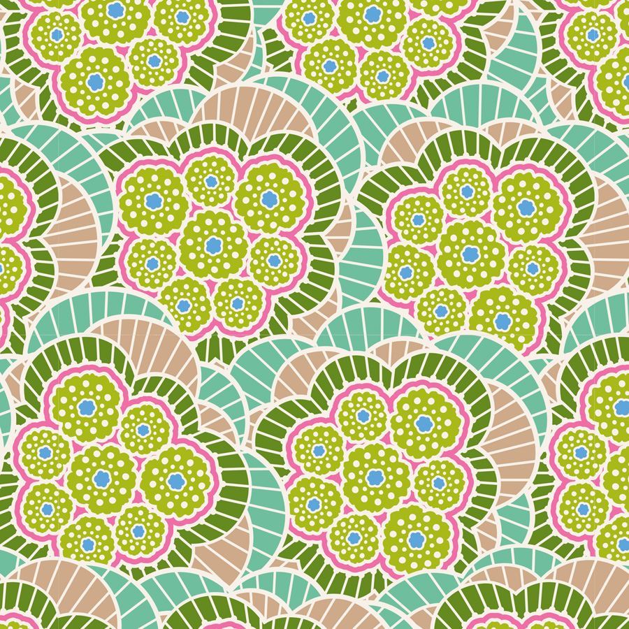 A repeating abstract floral pattern with lime green flower-like shapes outlined in pink, surrounded by teal and tan scalloped arcs on a white background.
Photo by Tildafabrics.com [image_link]