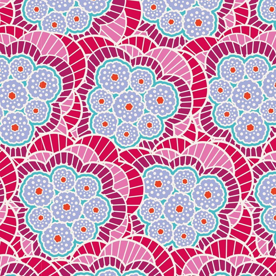 A repeating seamless pattern featuring stylized floral motifs in shades of pink, magenta, lavender, teal, and orange on a white background.
Photo by Tildafabrics.com [image_link]
