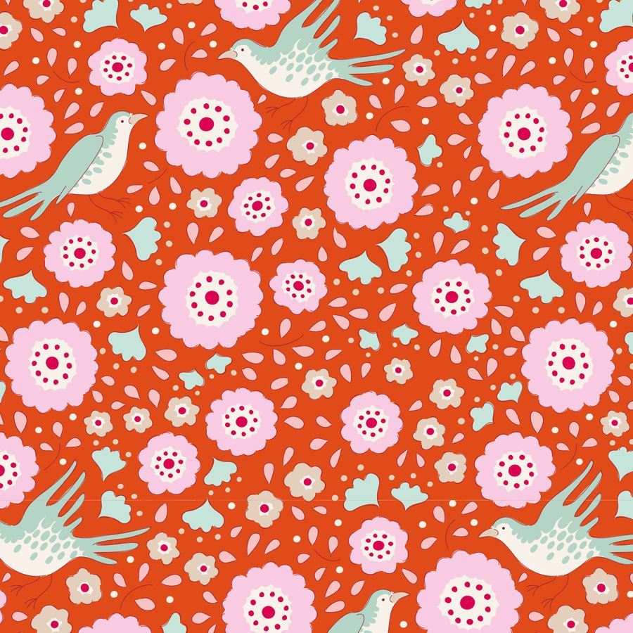 A patterned fabric featuring lovebirds and ginger-colored floral designs on an orange background.
Photo by Tildafabrics.com [image_link]