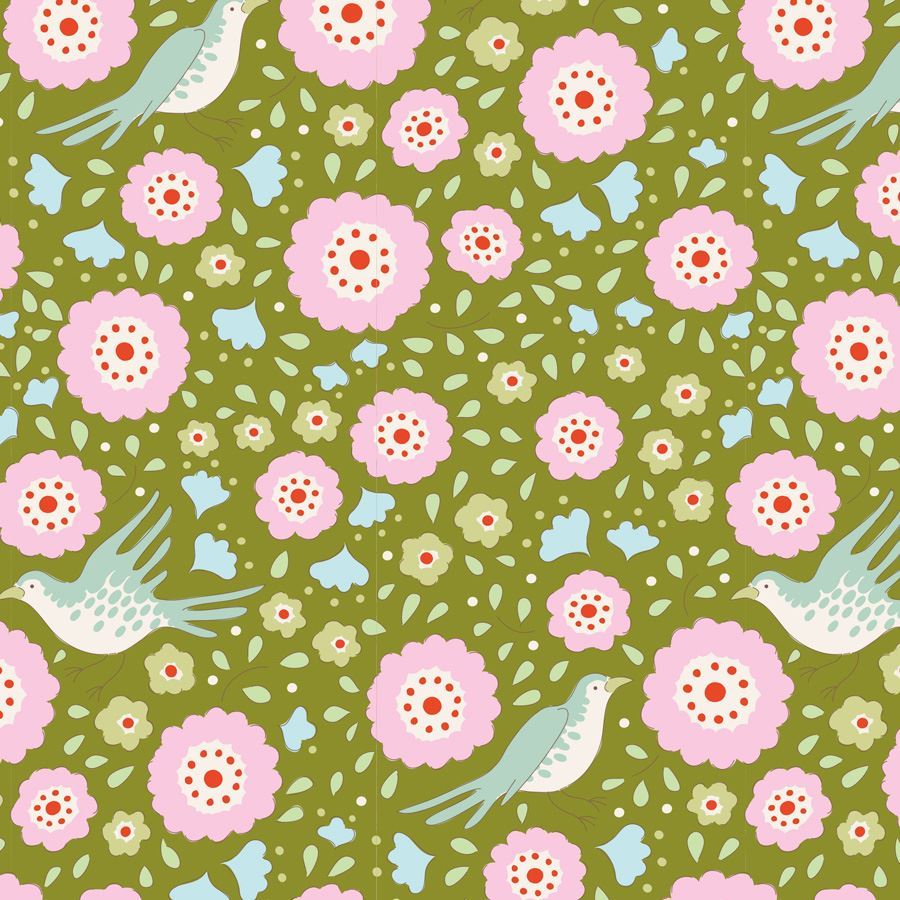 Pattern of pink flowers and birds on a green background.
Photo by Tildafabrics.com [image_link]